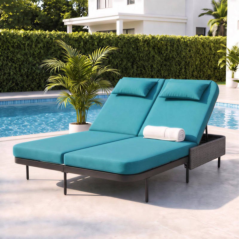 Lit de jour d'extérieur en osier pour 2 personnes, chaise longue de patio avec coussins et dossiers réglables à 6 positions