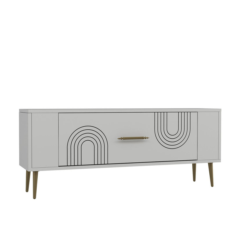 Meuble télé Catena, blanc et or, 47,2 po x 19,0 po x 10,4 po Catena | 100% panneau de particules enduit de mélamine, fixation murale, dimensions de la tablette: 34,1 po x 11,4 po | Conception géométrique élégante pour le salon et les espaces de divertissement
