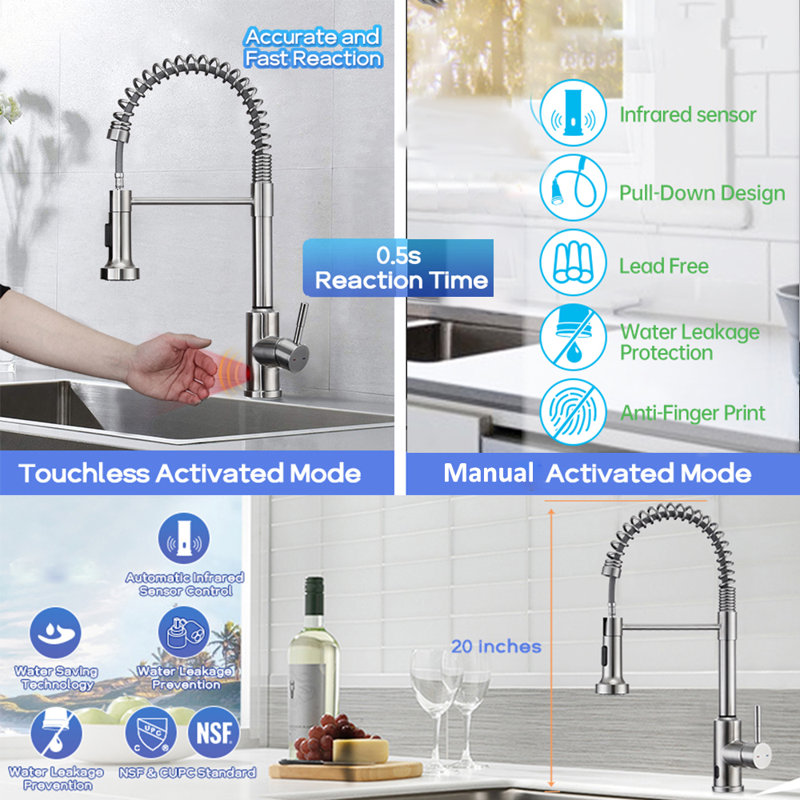 Robinet de cuisine à poignée simple avec accessoires KPAida, Nickel brossé, Sans contact