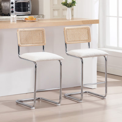 Ambrine Low Back Boucle Upholstered Counter/Bar Stool with Rattan Back and Steel Sled Frame