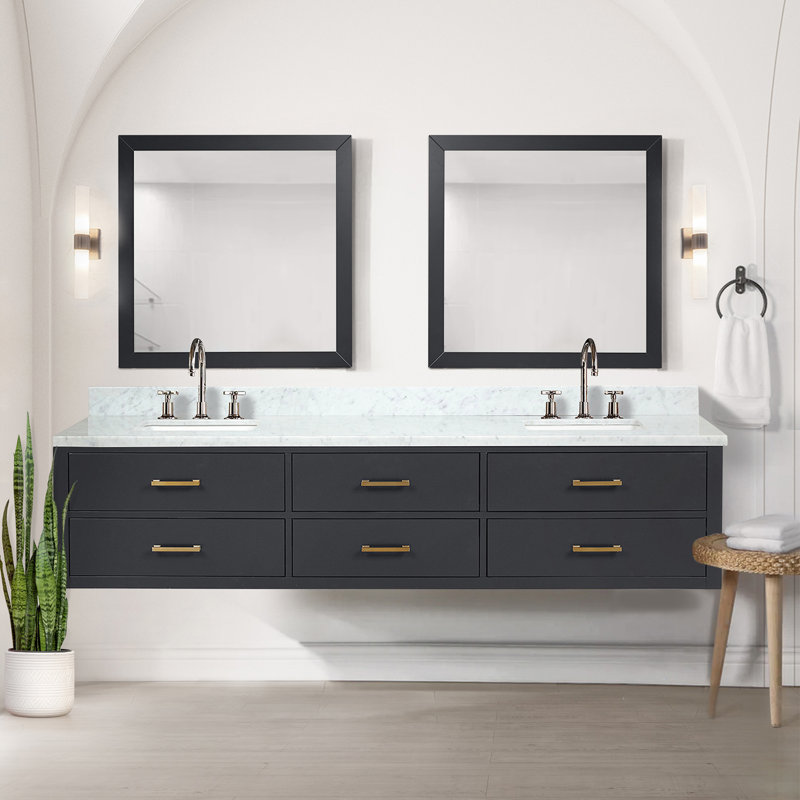 Meuble-lavabo double bleu 84 po X P 22 po D, avec plateau en marbre de Carrare, Bleu