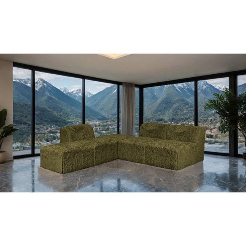 Canapé modulaire 5 pièces Kyron, Fausse fourrure vert olive