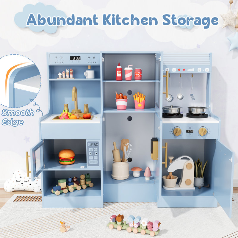 Wooden Play Kitchen For Kids, Toy Kitchen Sets With 6-piece Kitchenware, Sink & Stove, Water Dispenser & Hood With Lights & Sounds - Ages 3+(blue)