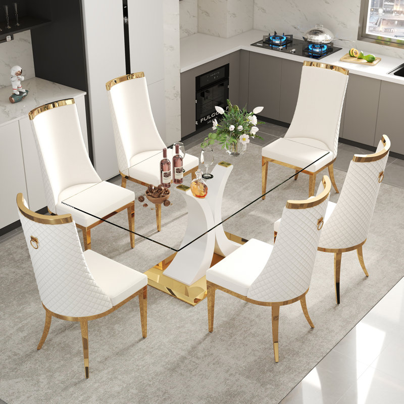 Ensemble de table de salle à manger Luxtury, Blanc, 7 pièces : table, 6 chaises, Beige