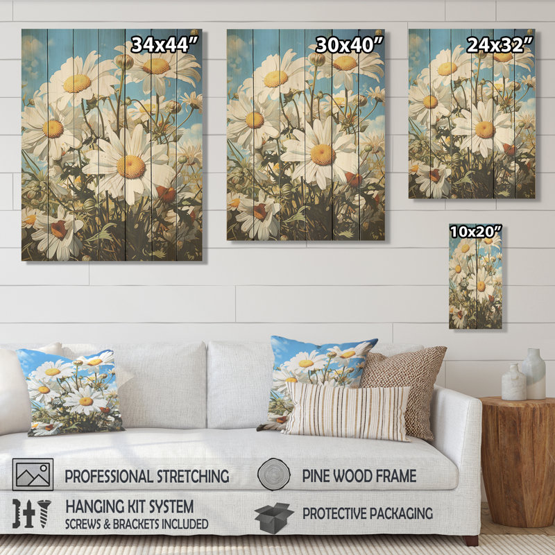 «Daisy Gardens» blanc et jaune I - marguerites sur bois, H 40 po x l 30 po