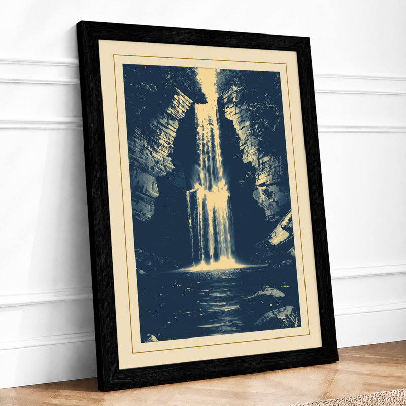 Waterfall in Shadow Japandi - Framed Print, A2 - 59.4 x 42.0 cm, Black