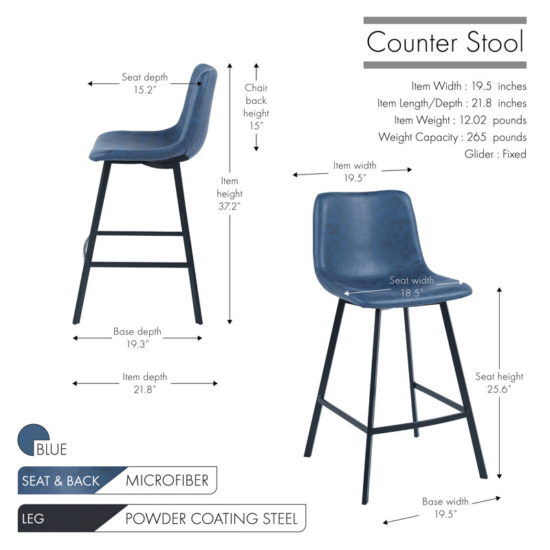 Dasha Microfiber Counter Stool with Metal Legs, Blue