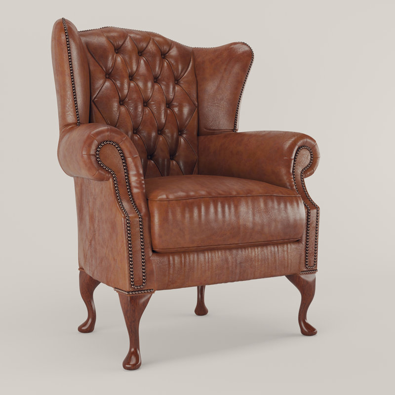 Matewan Upholstered Full Grain Leather Top Grain Leather With Footstool Wingback Chair