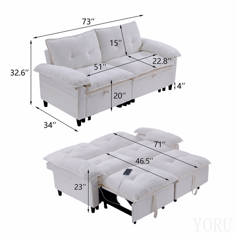 Canapé-lit convertible de 73 po en velours blanc beige avec matelas convertible, Beige