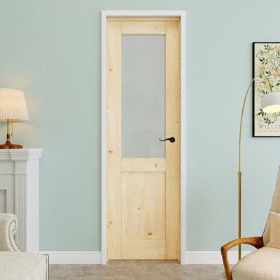 Porte intérieure pré-suspendue en bois de pin et verre givré 24 po x 80 po avec levier incurvé et charnières noires, dalle de porte d'intimité en verre, peint et imperméable, combinaison pour la lessive, portes de placard, portes de pièce, gauche
