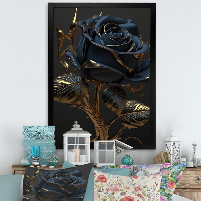 Rose dorée en bleu rétro I - Art mural rose, H 44 po x l 34 po x P 1,5 po, Impression noire sur toile encadrée