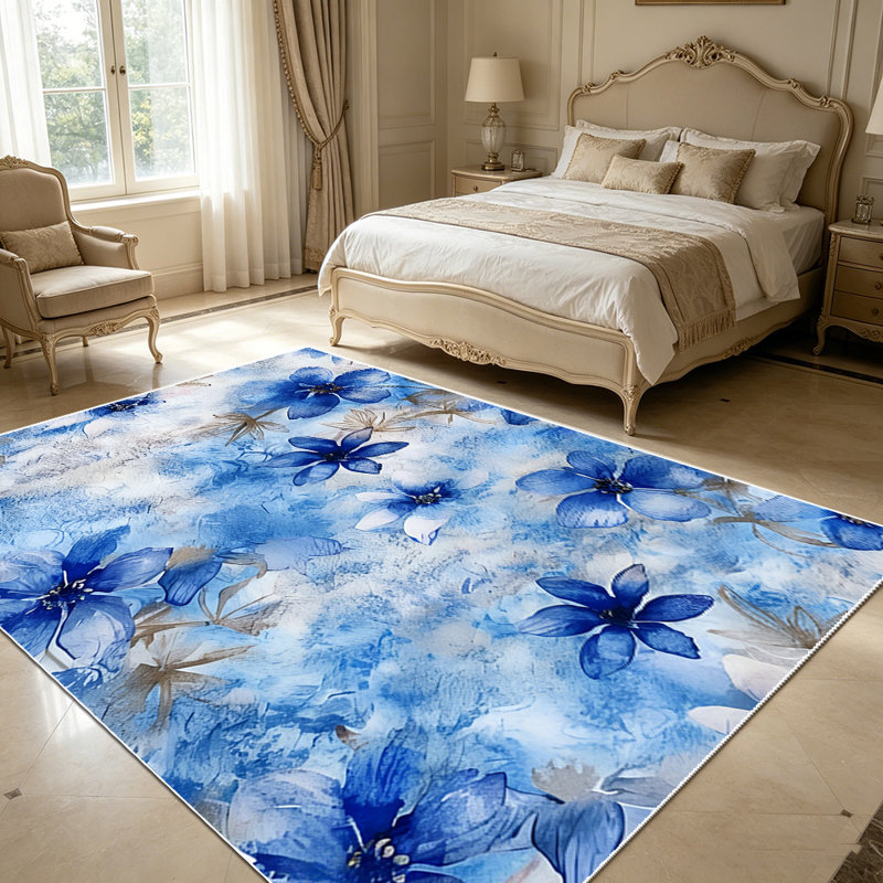 1PC Watercolor Blue Floral area rugs for Living Room, Soft and Comfortable, Suitable for all seasons, easy-to-maintain, machine washable Indoor floor mat, Under Table Farmhouse suitable for dining table, bedroom, entryway, backyard patio, home office