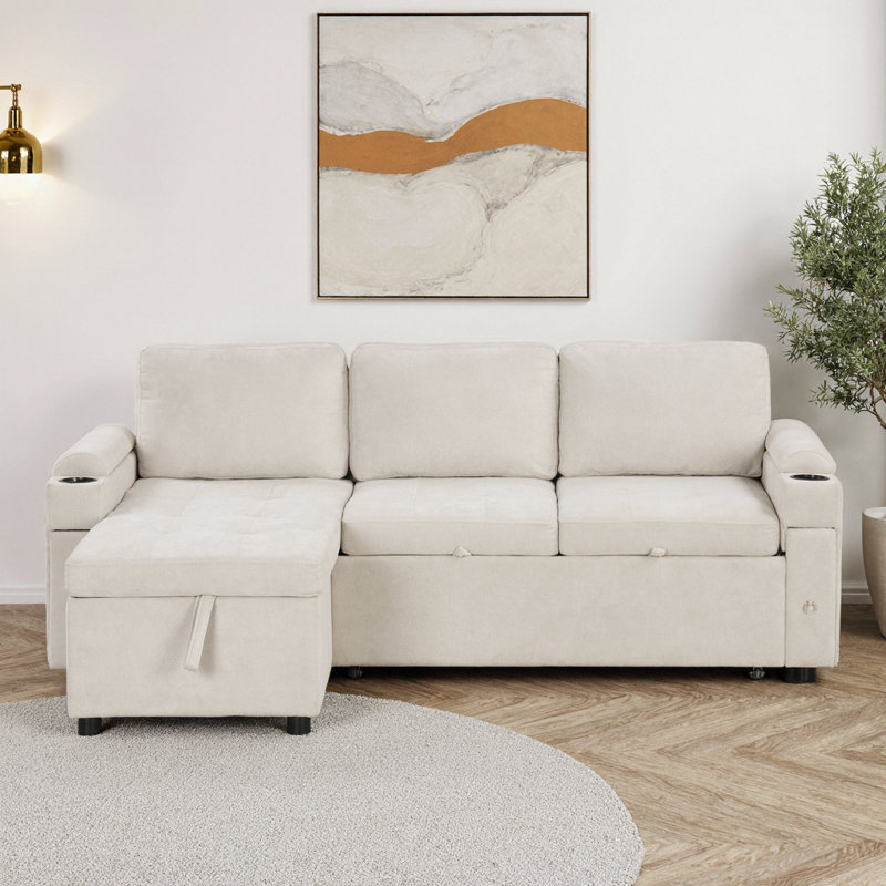 83.5" Beige L-Shaped Convertible Sofa Bed with Reversible Chaise, Storage, USB Ports & Cup Holders, Beige
