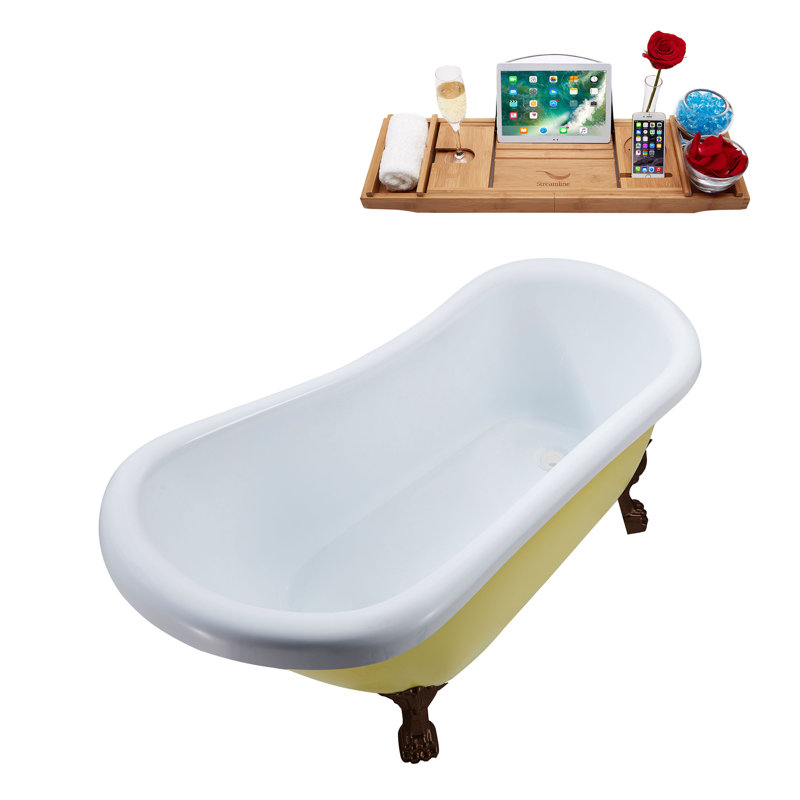 Baignoire de trempage sur pieds 61 "avec drain, pattes et plateau en bambou 61" Streamline, Bronze huilé mat, Blanc lustré