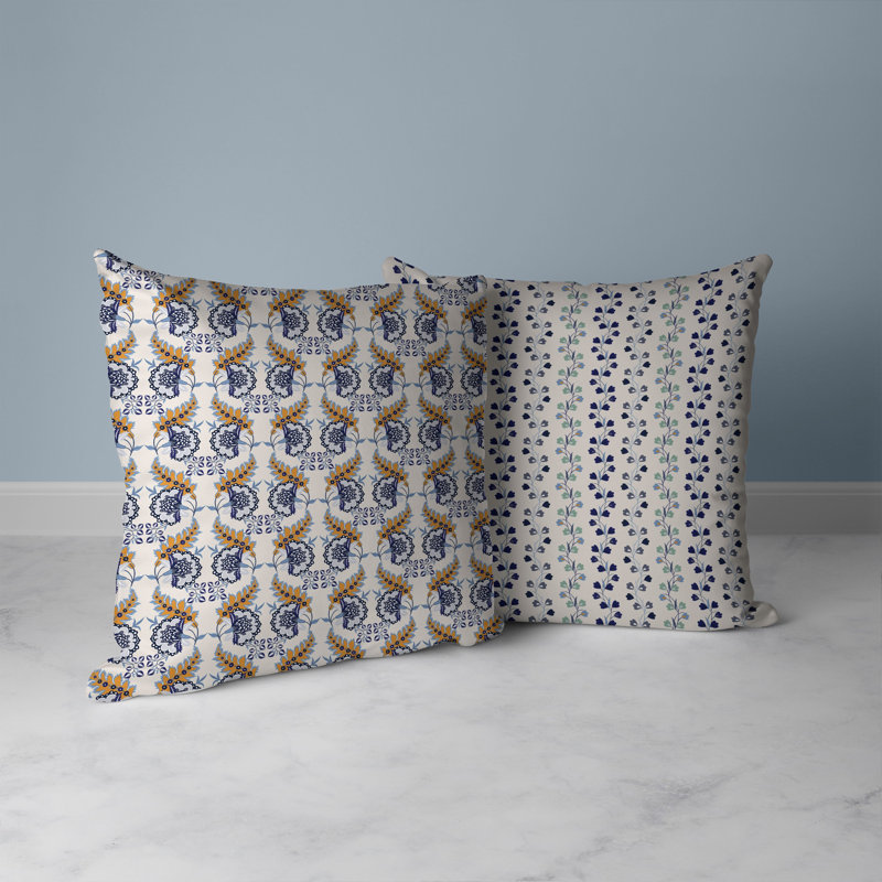 Coussin décoratif botanique intérieur / extérieur Botanical Bouquet, H 16 po x l 16 po, Bleu/rouge/gris