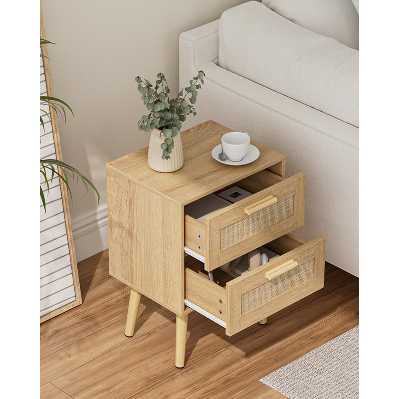 Rattan Night Stand,Modern Nightstand Boho Bedside Table W...
