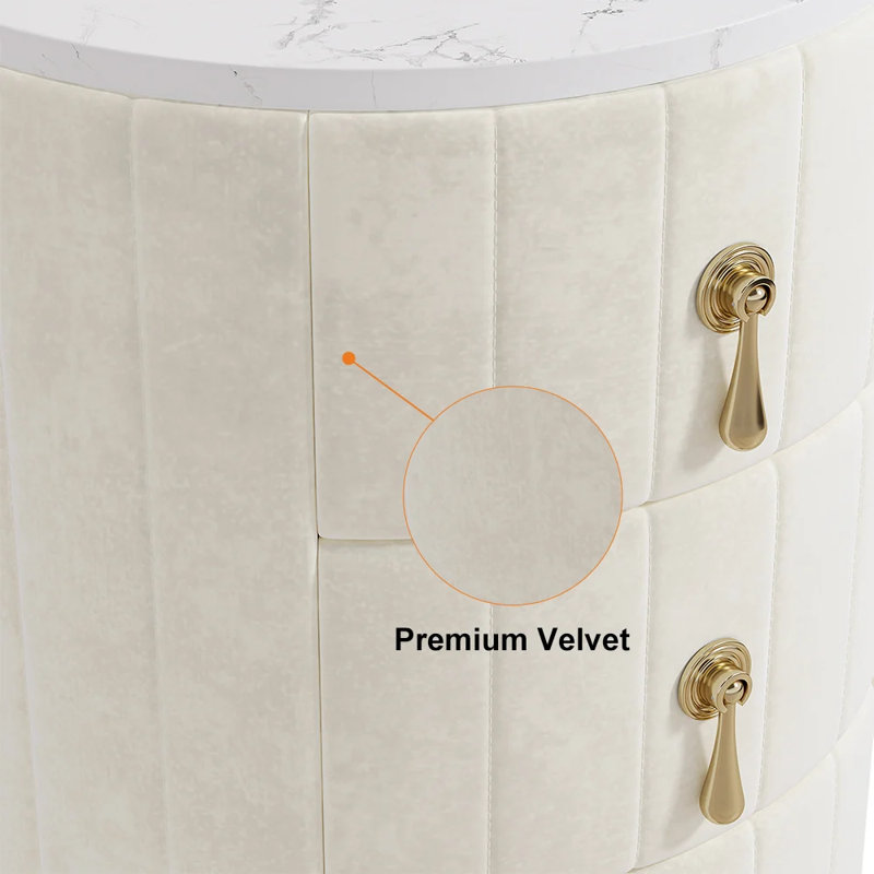 White 3 Drawer Round Velvet Nightstand with Sintered Stone Top Modern Style No Assembly Required Sturdy Metal Base Spacious Storage for Bedroom