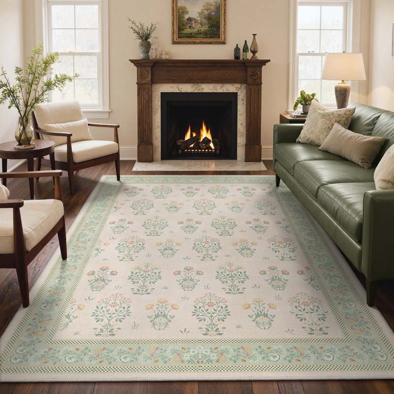 Oriental Vintage Flower Machine Washable Non-Slip Green / Beige Indoor Area Rug, Rectangle 8' x 10', Green