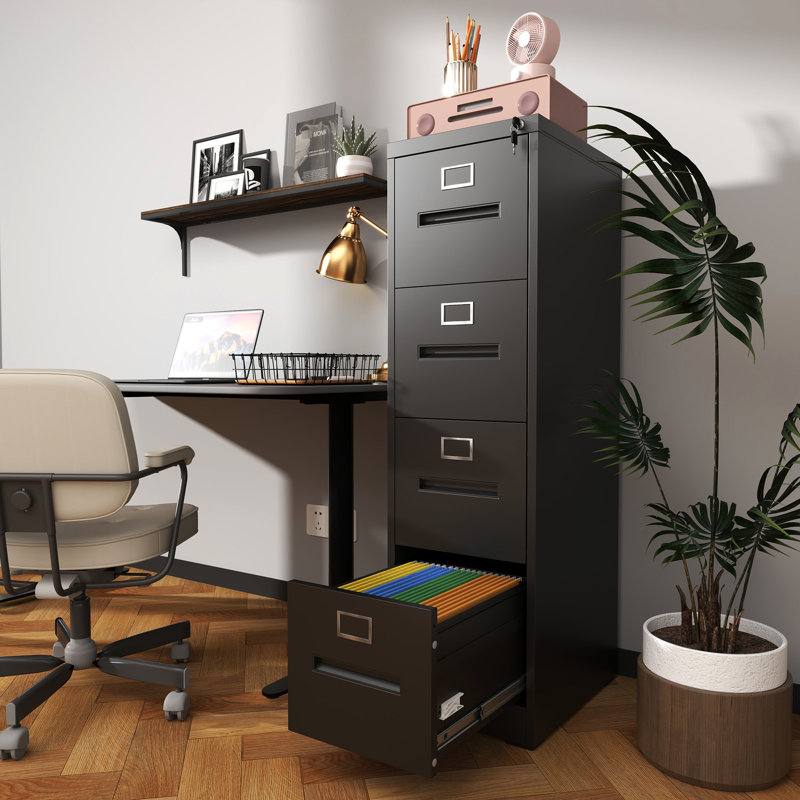 4 Drawer, Metal Vertical File Cabinet, Lock, A4 Letter/Legal Size, Adjustable Hanging Rods, - Tipping, Easy To Clean, Modern Style Smooth Drawer Slides, Steel