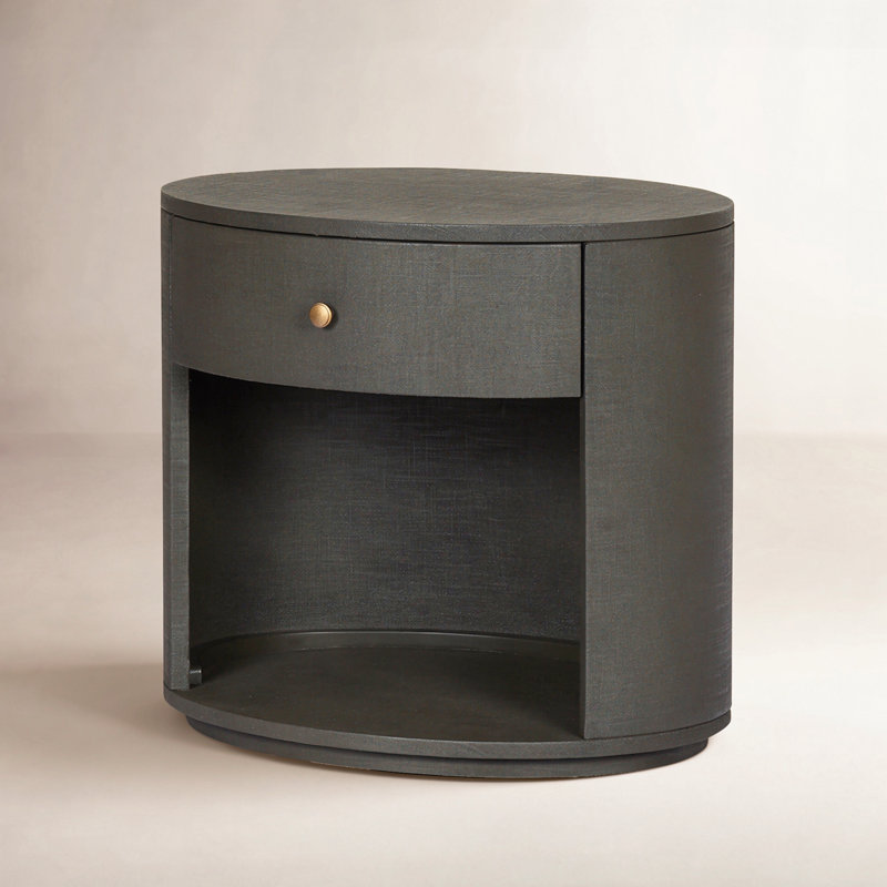 Amelia Oval One Drawer Nightstand-Black Linen, Dark Green Lacquered Linen