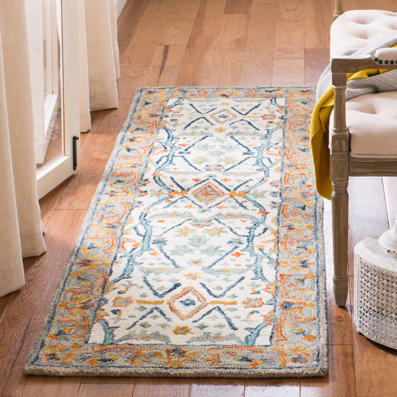 Tapis bleu / ivoire en laine / coton touffeté à la main Vahakn, Tapis de couloir 2 pi 3 po x 7 pi