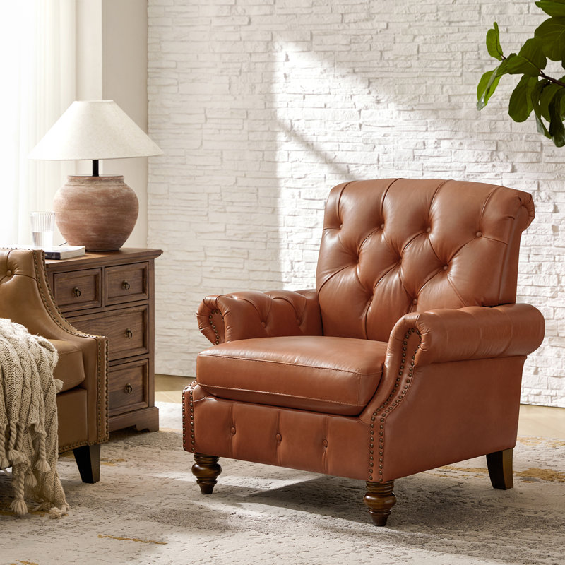 Alesha 36.5"W Traditional Cowhide Genuine Leather Accent Chair with Tufted Back, Saddle Genuine Leather