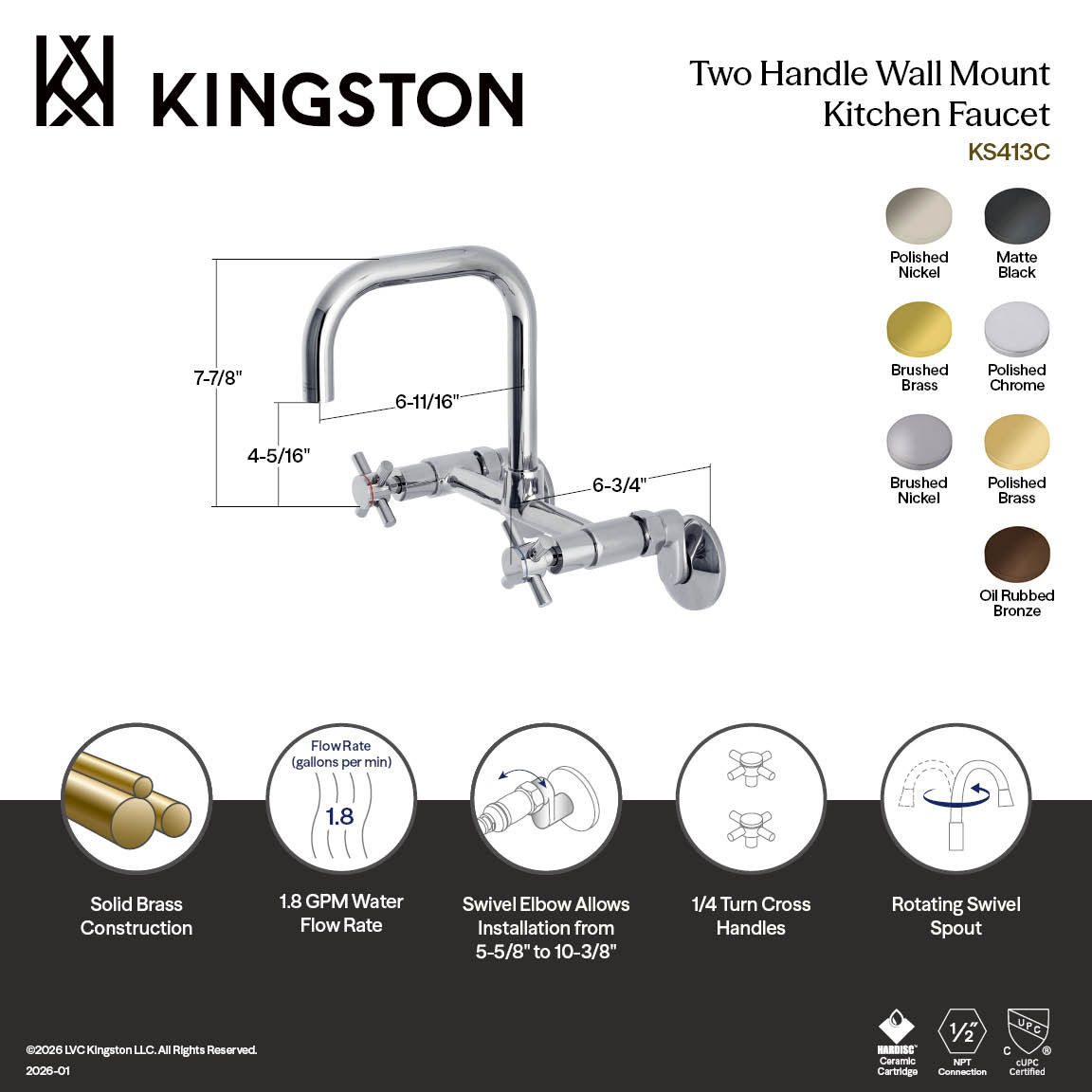 Kingston Brass Concord Double-Handle 2-Hole Wall-Mount Bridge Kitchen Faucet, Polished Brass