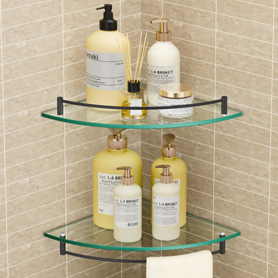 2 Pack Floating Glass Corner Shelf For Bathroom Tempered Glass With Rail Wall Mounted