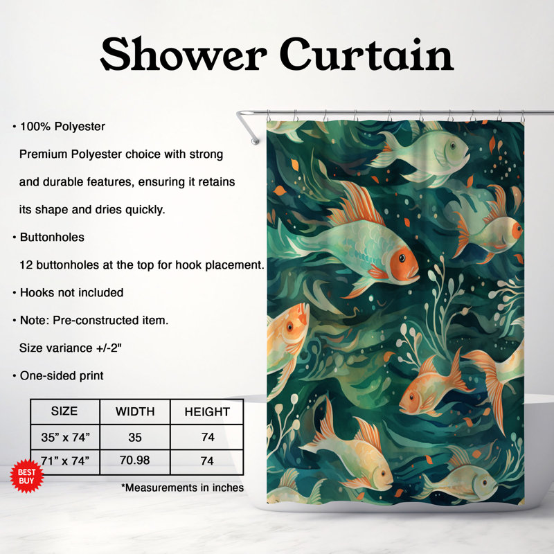 Rideau de douche 1 pièce Coral Wave, H 74 po x l 71 po