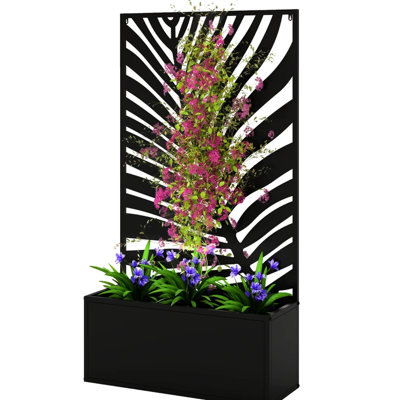 Wall Mounted Raised Bed With Trellis And Privacy Panel, 7.7 Gallons Planting Space, Water - Draining Slits, Metal Powder Coated, 44.5" H Garden Large Leaf Cut Out Panel Trellis, Drainage System,