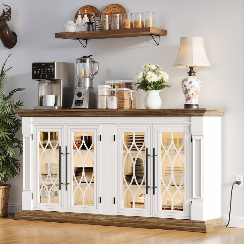 60" Wide Sideboard Buffet With Outlet & Led , Farmhouse 4 Doors Credenza Storage Cabinets With Adjustable Shelves