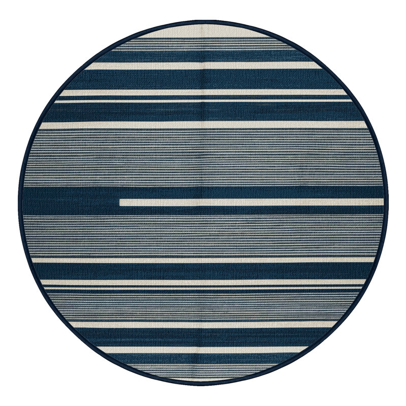Washable Steel Blue White Striped Area Rug, Round 5'
