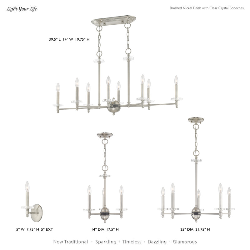 Lustre transitionnel linéaire à 8 lumières de style bougie avec détails en cristal Christofer, Nickel brossé
