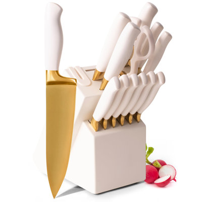 Knife Set With Block,And Built-In Sharpener,Titanium,Coated High Carbon Stainless Steel Blades,14 Piece (White)