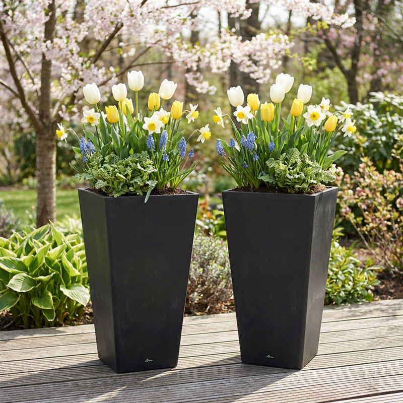 Cara Composite Pot Planter Set with Water Trays, Black