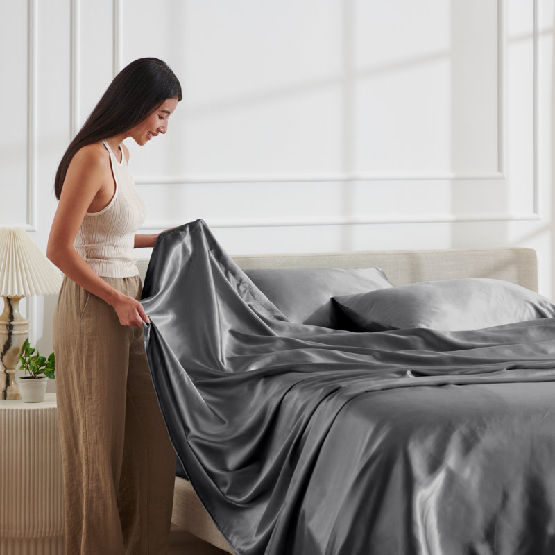 Ensemble de literie en satin, Ensemble de draps pour grand lit avec 2 taies d'or, gris