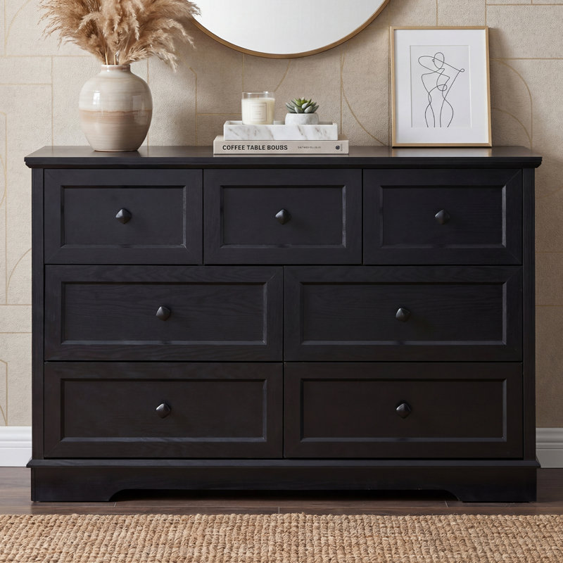 Farmhouse 7 Drawer Bedroom Dresser, Wood Tall Chest of Drawers, Closet Storage for Bedroom, Black