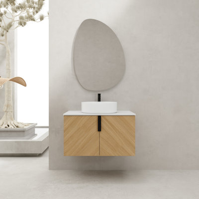Meuble-lavabo contemporain de 76 cm avec lavabo en céramique artistique, dalle de pierre artificielle et portes à fermeture amortie pour une rénovation fonctionnelle