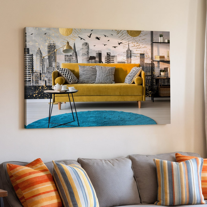 Reproduction d'art sur toile, "Un salon moderne et confortable" avec un canapé jaune vif orné de coussins à rayures noires et blanches