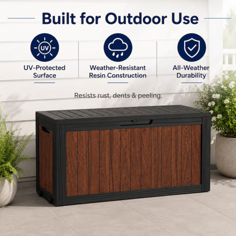 Coffre de terrasse PawsomePad de 454 litres (120 gallons) en résine, résistant aux intempéries, pour rangement extérieur et accessoires de patio.