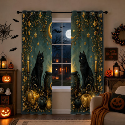 2Pcs rideaux occultant Cat Moon, décor de sorcière sur le thème d'Halloween, isolant thermique, rideaux de fenêtre à réduction de bruit, rideaux occultants gothiques de forêt enchantée pour la chambre à coucher, le salon, la décoration intérieure