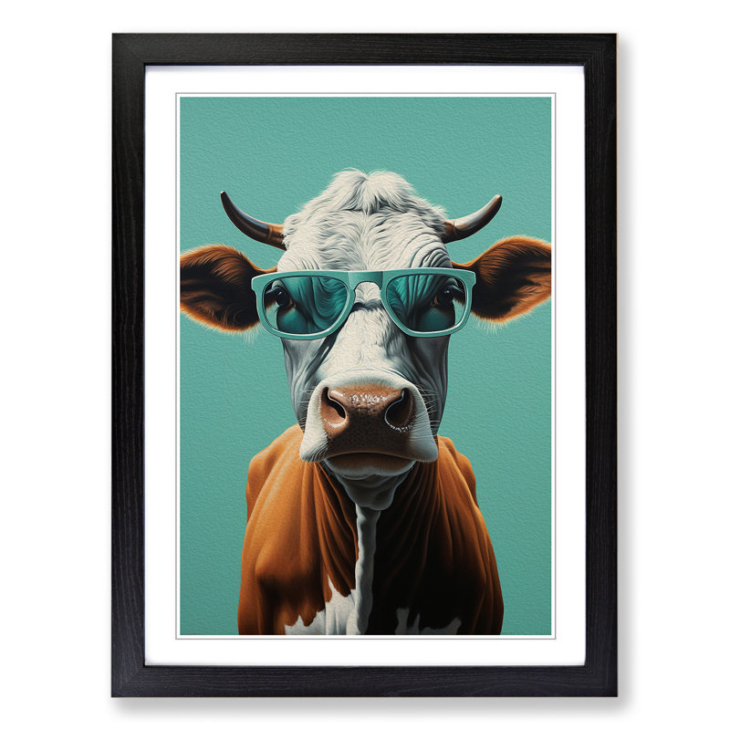 Cow With Glasses Painting Framed Print, 64cm H x 46cm W, Black Framed