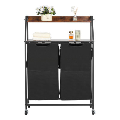 2 Tiers Laundry Sorter Tall Laundry Hamper with Wheels and Hooks 2 Section