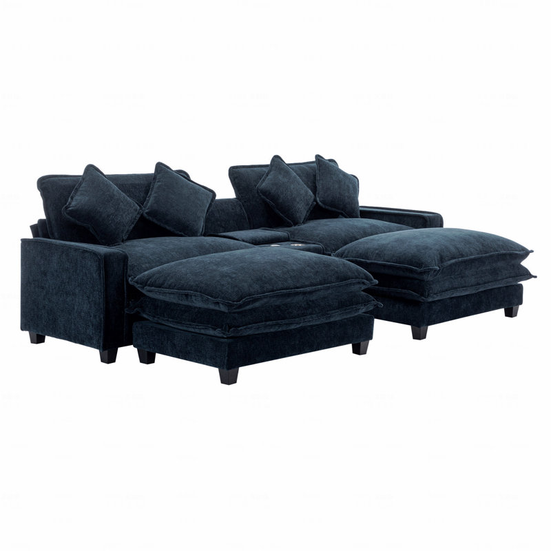 Basic Sectional Sofa, 111"  Sofa Chenille Upholstered Sofa With Two Removable Ottoman, Two Usb Ports, Two Cup Holders And Large Storage Box
