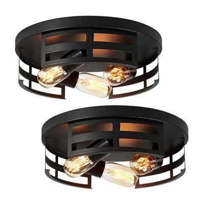 Black 2-light Flush Mount Ceiling Light, Industrial Farmhouse Ceiling Lighting Fixture, Anti-rust Metal E26 Dimmable Lamp For Hallway Kitchen Bathroom Entryway