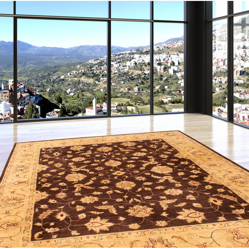 Tapis décoratif en laine brun foncé de conception unique 6 pi 7 po x 8 pi 3 po noué à la main new age