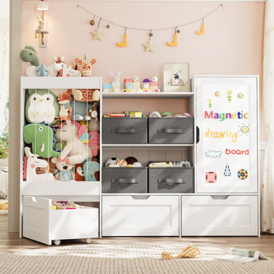 61"W Toys Storage Organizer, Stuffed Animal Storage, 3 Large Movable Drawers, 4 Fabric Storage Bins and Magnetic Drawing Board with Cube Storage Cabin