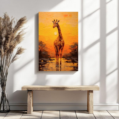 1Pc Framed Canvas Poster Print Giraffe, sunset water scenery, oil painting texture style Wall Art Wall Pediments, Wall Decor, Perfect for Room Decor L