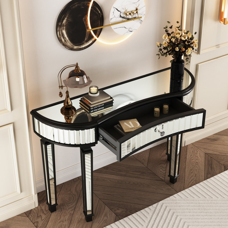 47" Half - Moon Mirrored Desk For Foyer Or Bedroom Vanity, Featuring Fluted Glass Panels And Crystal Knob, Built On A Reliable Hardwood Baseplate Vanity In Shape With Vertical Accent, Ideal Mid