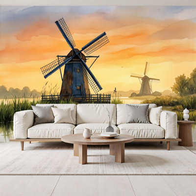 Peel and Stick Wallpaper Scenic Dutch Windmills Calm River Sunset Greenery Wall Murals 69"H x 96"W Removable PVC Wall Paper Self-Adhesive Wall Decor for Bedroom Living Room Home Office